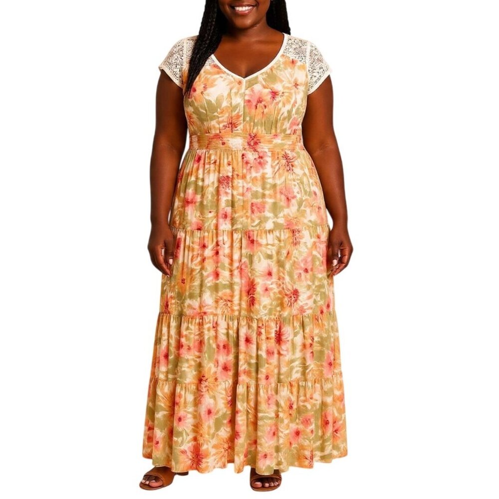 Luxology Size Large Maxi Dress Womens Multicolor Floral Lace V-Neck Cap Sleeves